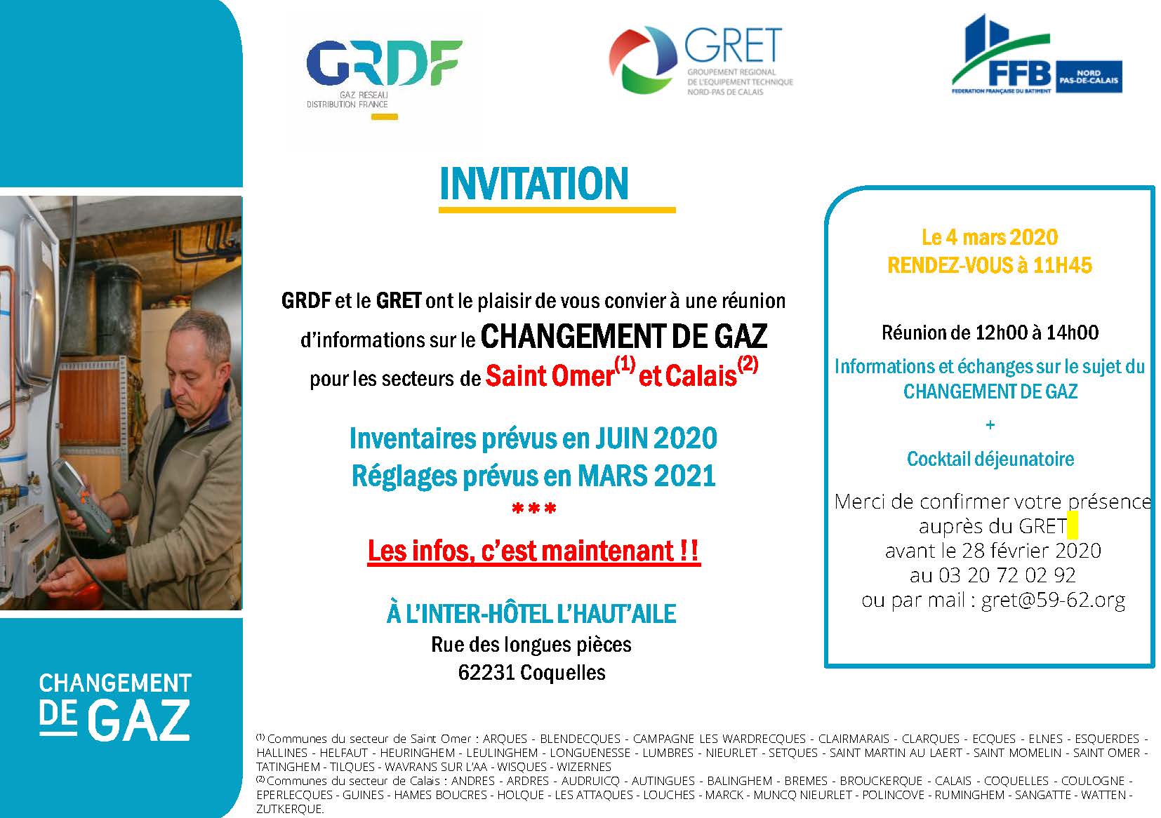 4 mars 2020 de 12h à 14h à Coquelles : Réunion Changement de Gaz GRDF – ST OMER / CALAIS – Inscription obligatoire